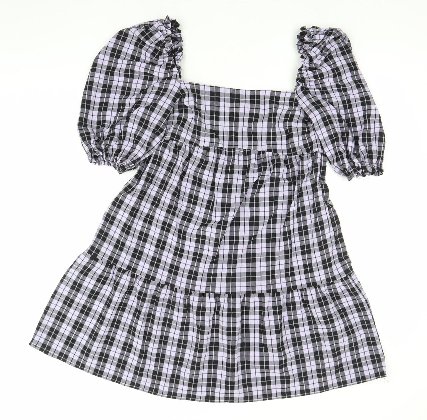 H&M Divided Women’s Black Check Skater Dress Size 10 Puff Sleeve