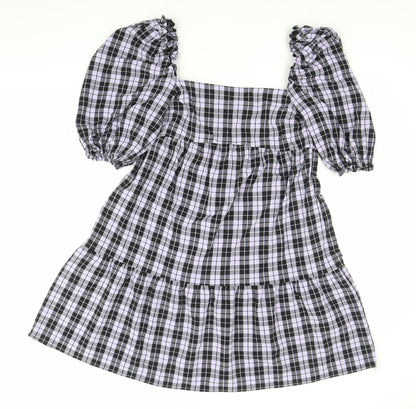 H&M Divided Women’s Black Check Skater Dress Size 10 Puff Sleeve