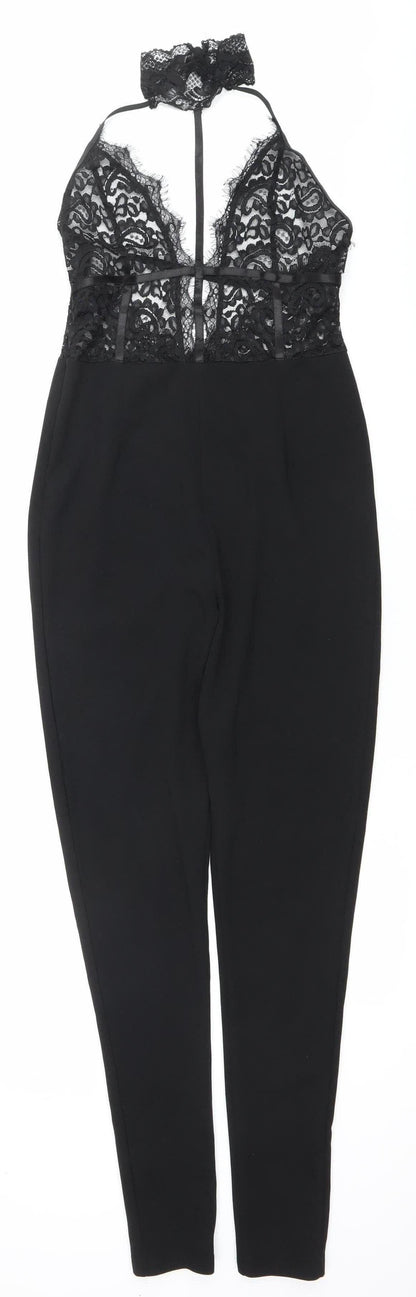 PrettyLittleThing Womens Black Lace Halter Jumpsuit Size 10