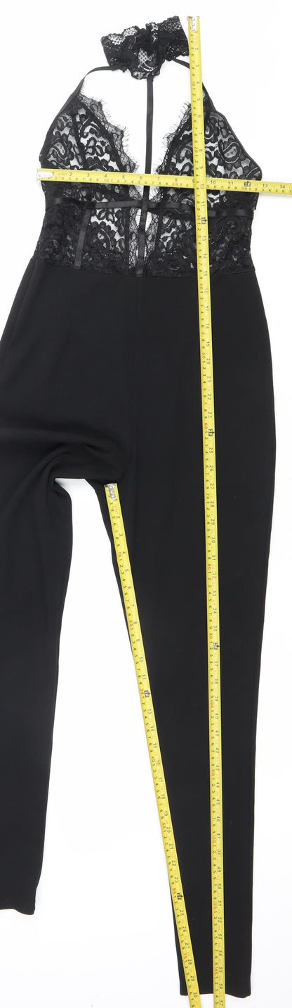 PrettyLittleThing Womens Black Lace Halter Jumpsuit Size 10