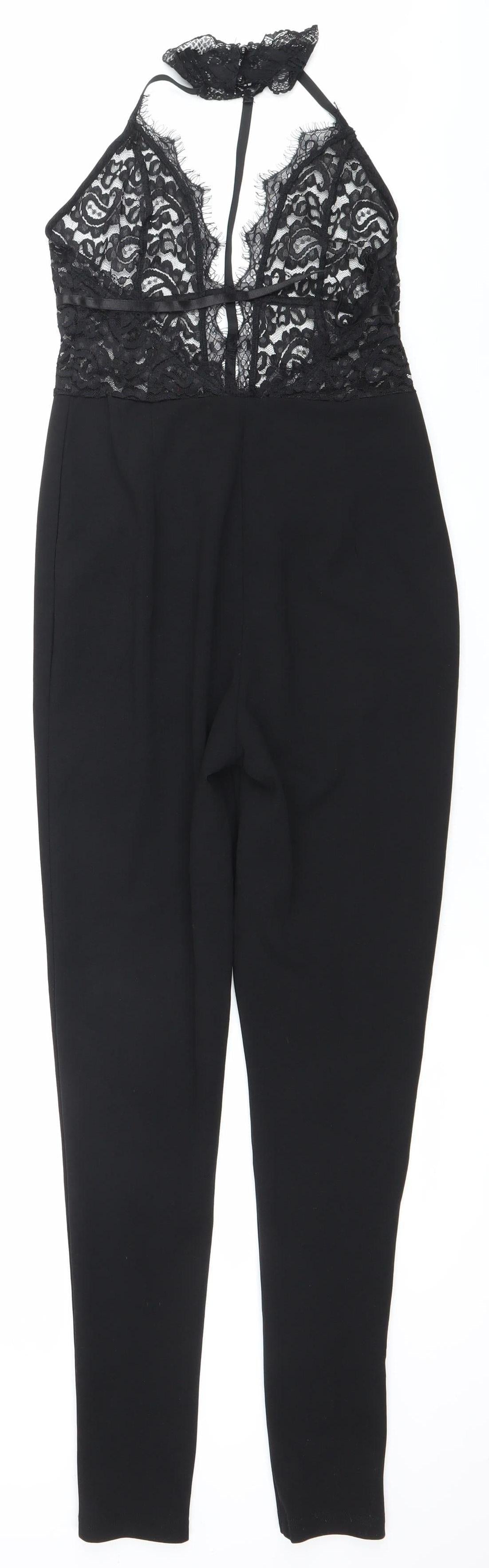 PrettyLittleThing Womens Black Lace Halter Jumpsuit Size 10