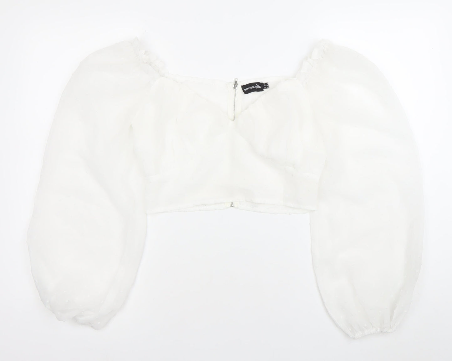 PrettyLittleThing Women’s White Cropped Blouse Size 8 Puff Sleeve Sweetheart Neckline