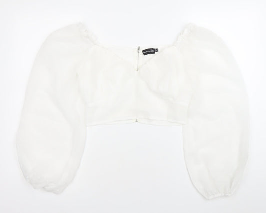PrettyLittleThing Women’s White Cropped Blouse Size 8 Puff Sleeve Sweetheart Neckline