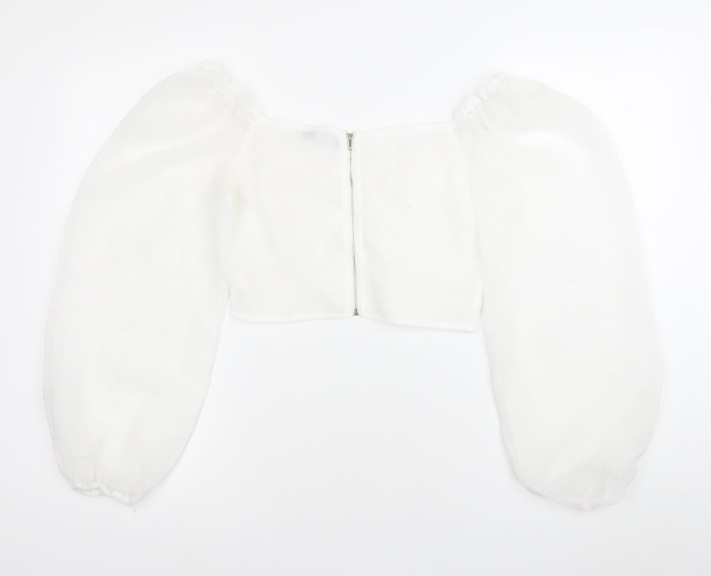 PrettyLittleThing Women’s White Cropped Blouse Size 8 Puff Sleeve Sweetheart Neckline