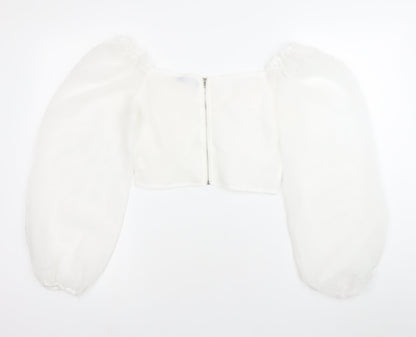 PrettyLittleThing Women’s White Cropped Blouse Size 8 Puff Sleeve Sweetheart Neckline