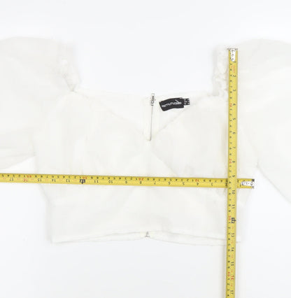 PrettyLittleThing Women’s White Cropped Blouse Size 8 Puff Sleeve Sweetheart Neckline