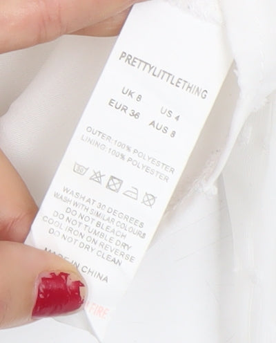 PrettyLittleThing Women’s White Cropped Blouse Size 8 Puff Sleeve Sweetheart Neckline