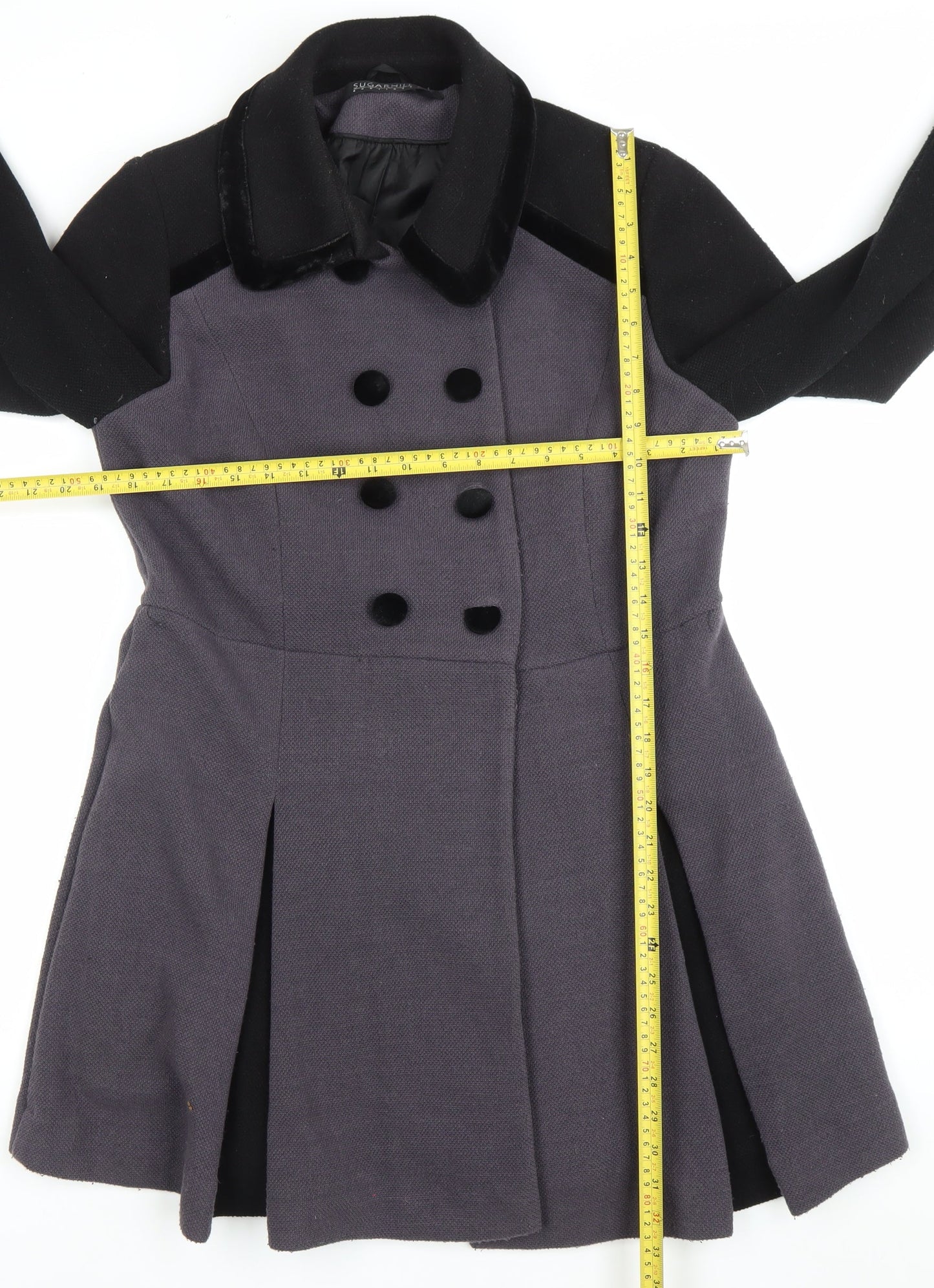 Sugarhill Boutique Women’s Grey Black Pea Coat UK 16 Double Breasted