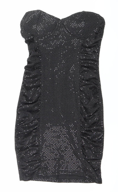 Boohoo Women’s Black Glitter Bodycon Strapless Dress Size 10 Party Clubwear
