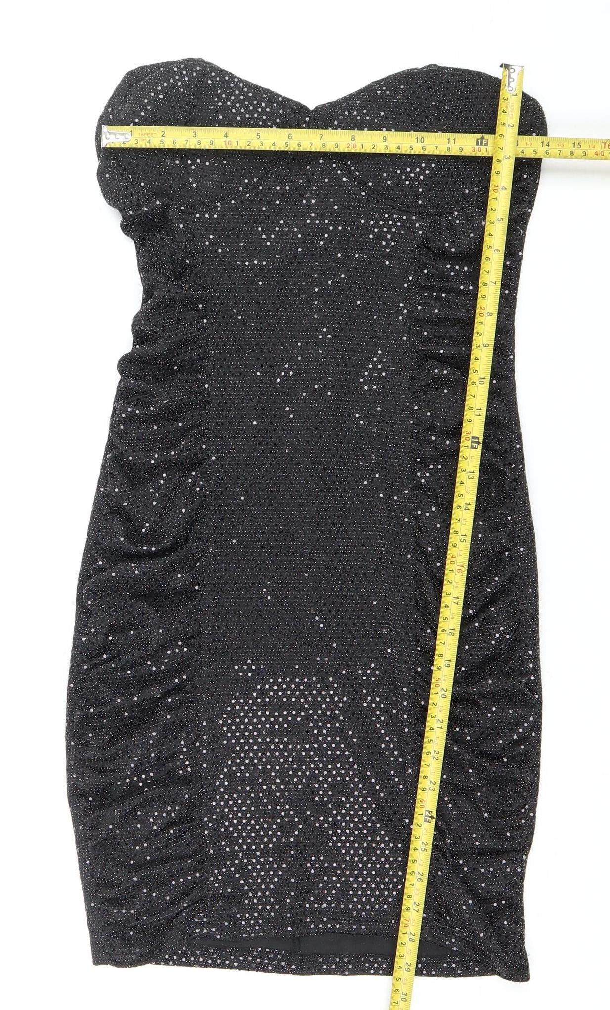 Boohoo Women’s Black Glitter Bodycon Strapless Dress Size 10 Party Clubwear