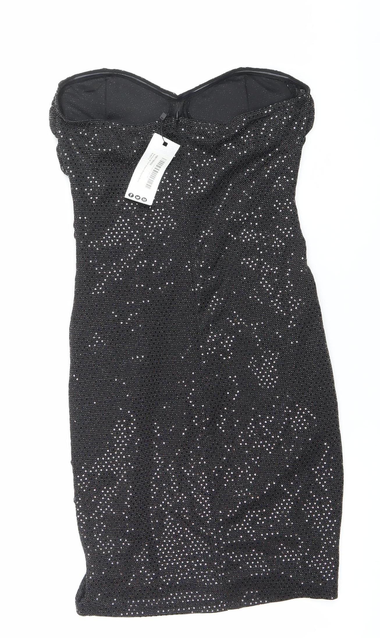 Boohoo Women’s Black Glitter Bodycon Strapless Dress Size 10 Party Clubwear