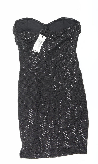 Boohoo Women’s Black Glitter Bodycon Strapless Dress Size 10 Party Clubwear