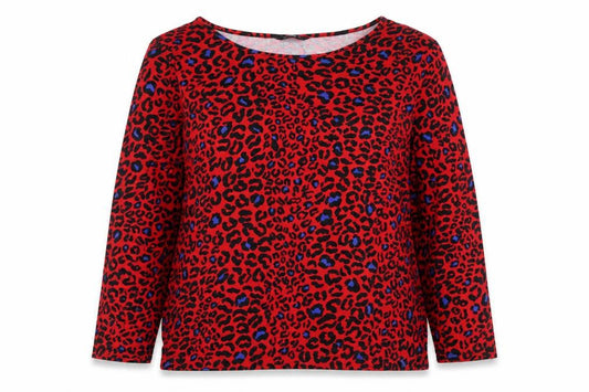 Front view of Roman Women’s Red Animal Print Tunic Top, size UK 14, Long Sleeve