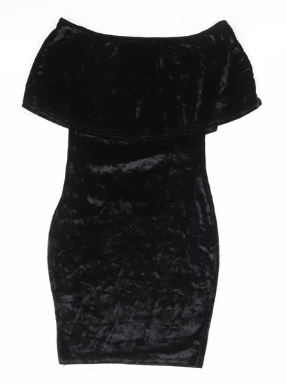 PrettyLittleThing Women’s Black Velvet Off Shoulder Bodycon Dress Size 8