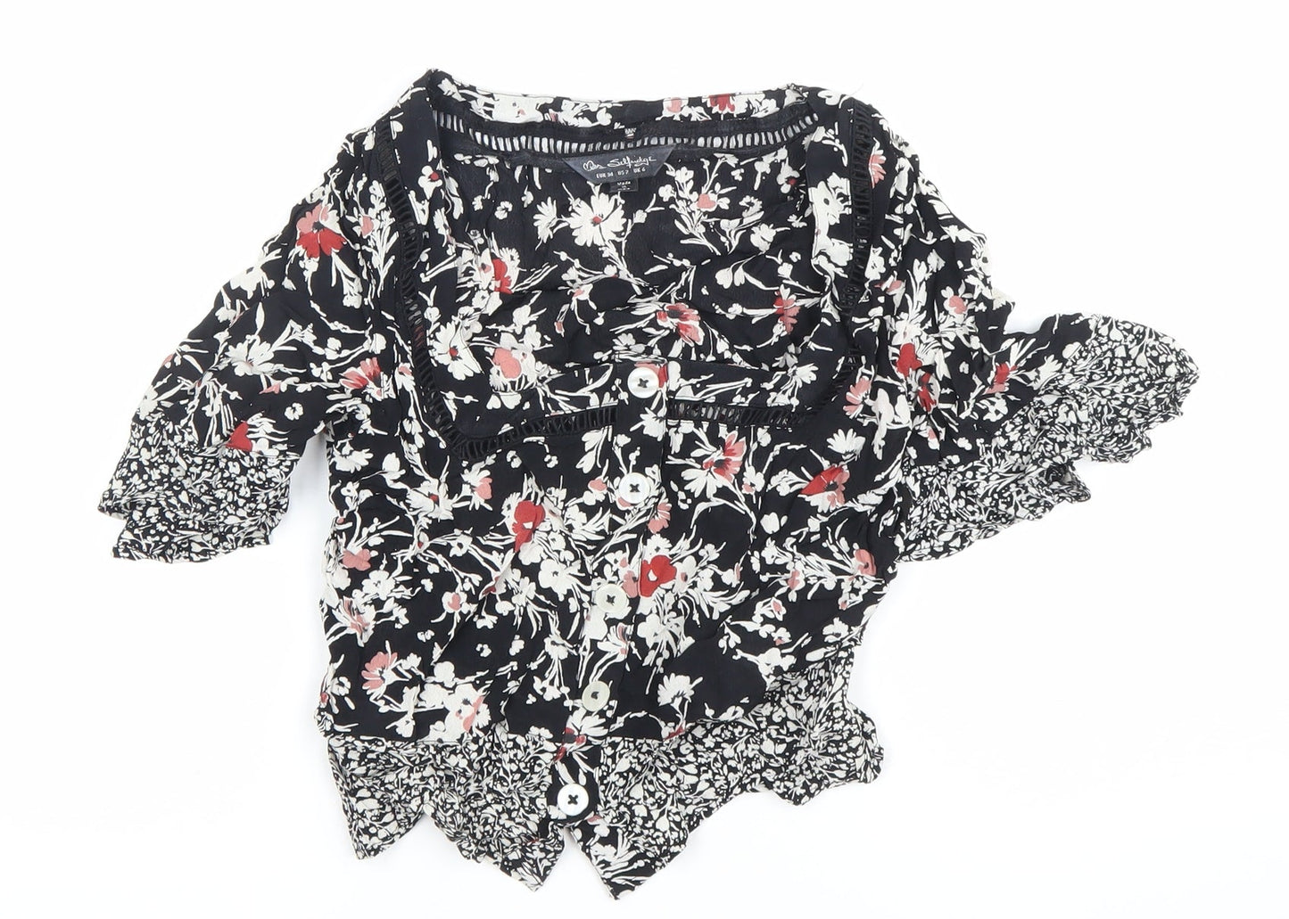 Jane Schofield Womens Black Floral Cotton Tunic Blouse UK 8