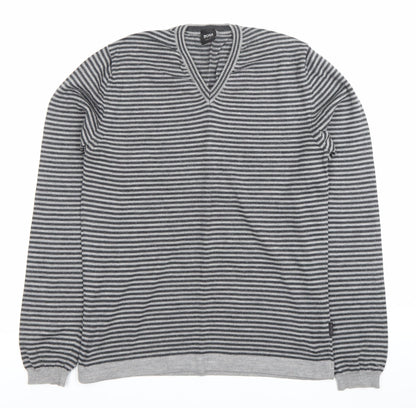 Hugo Boss Men’s Grey Striped Slim Fit V-Neck Cotton Jumper M