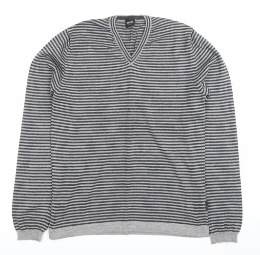 Hugo Boss Men’s Grey Striped Slim Fit V-Neck Cotton Jumper M