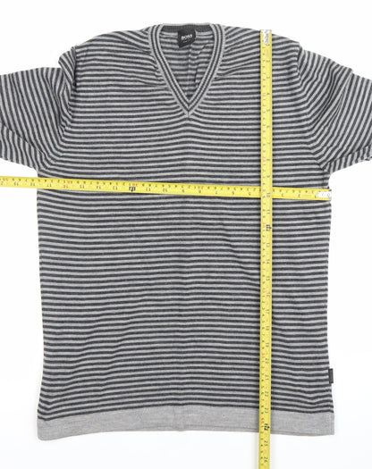 Hugo Boss Men’s Grey Striped Slim Fit V-Neck Cotton Jumper M