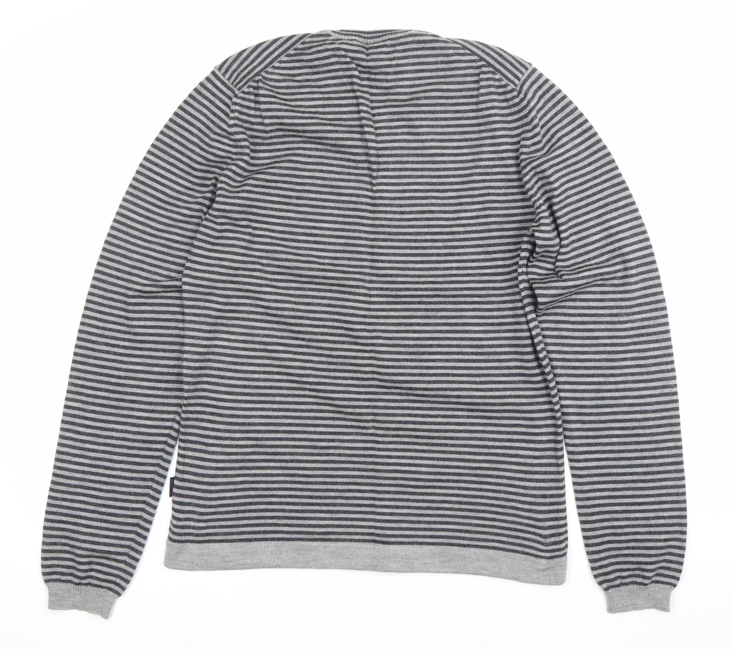 Hugo Boss Men’s Grey Striped Slim Fit V-Neck Cotton Jumper M