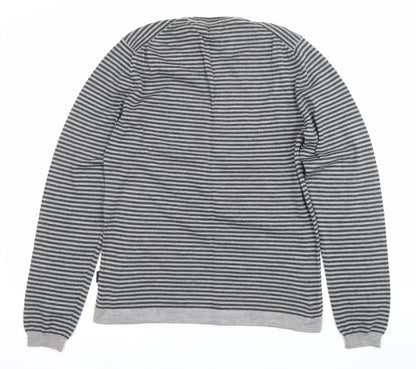 Hugo Boss Men’s Grey Striped Slim Fit V-Neck Cotton Jumper M