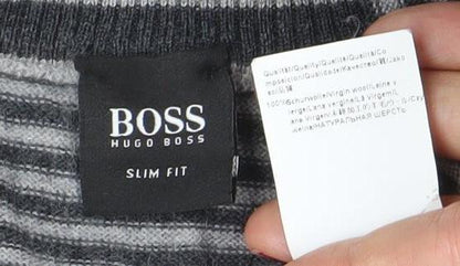 Hugo Boss Men’s Grey Striped Slim Fit V-Neck Cotton Jumper M