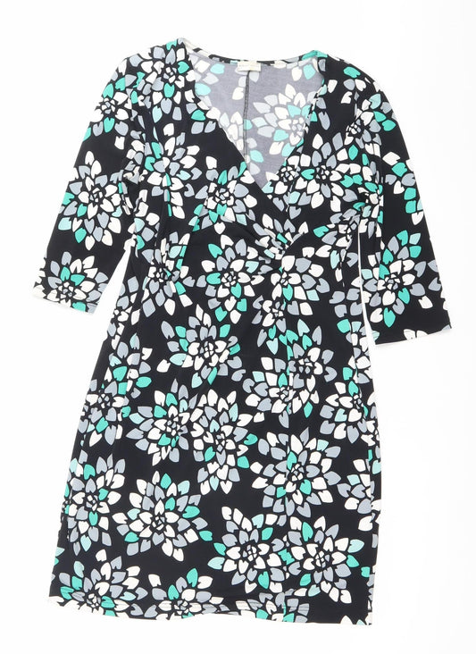 Minuet Petite Womens Black Floral V-Neck Sheath Dress Size 14