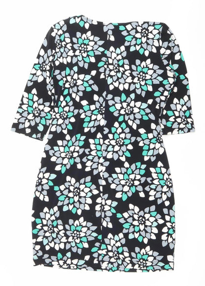 Minuet Petite Womens Black Floral V-Neck Sheath Dress Size 14