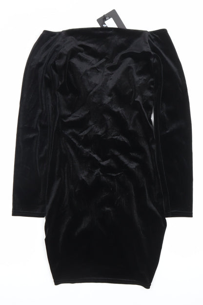 PrettyLittleThing Women’s Black Velvet Off Shoulder Bodycon Dress Size 10