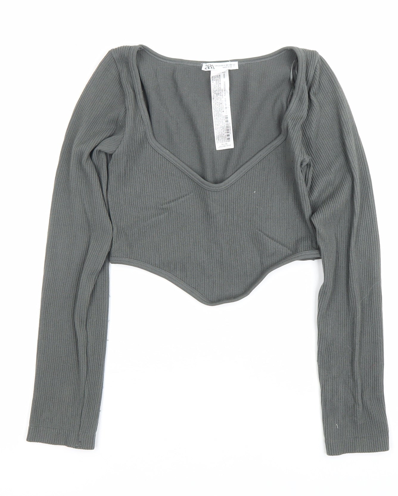 Zara Womens Grey XS Cropped Long Sleeve Knit Scoop Neck Top