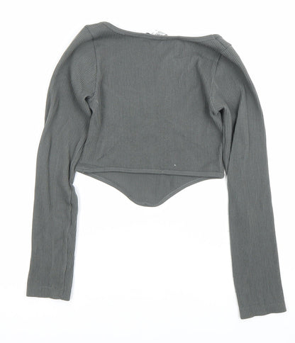 Zara Womens Grey XS Cropped Long Sleeve Knit Scoop Neck Top