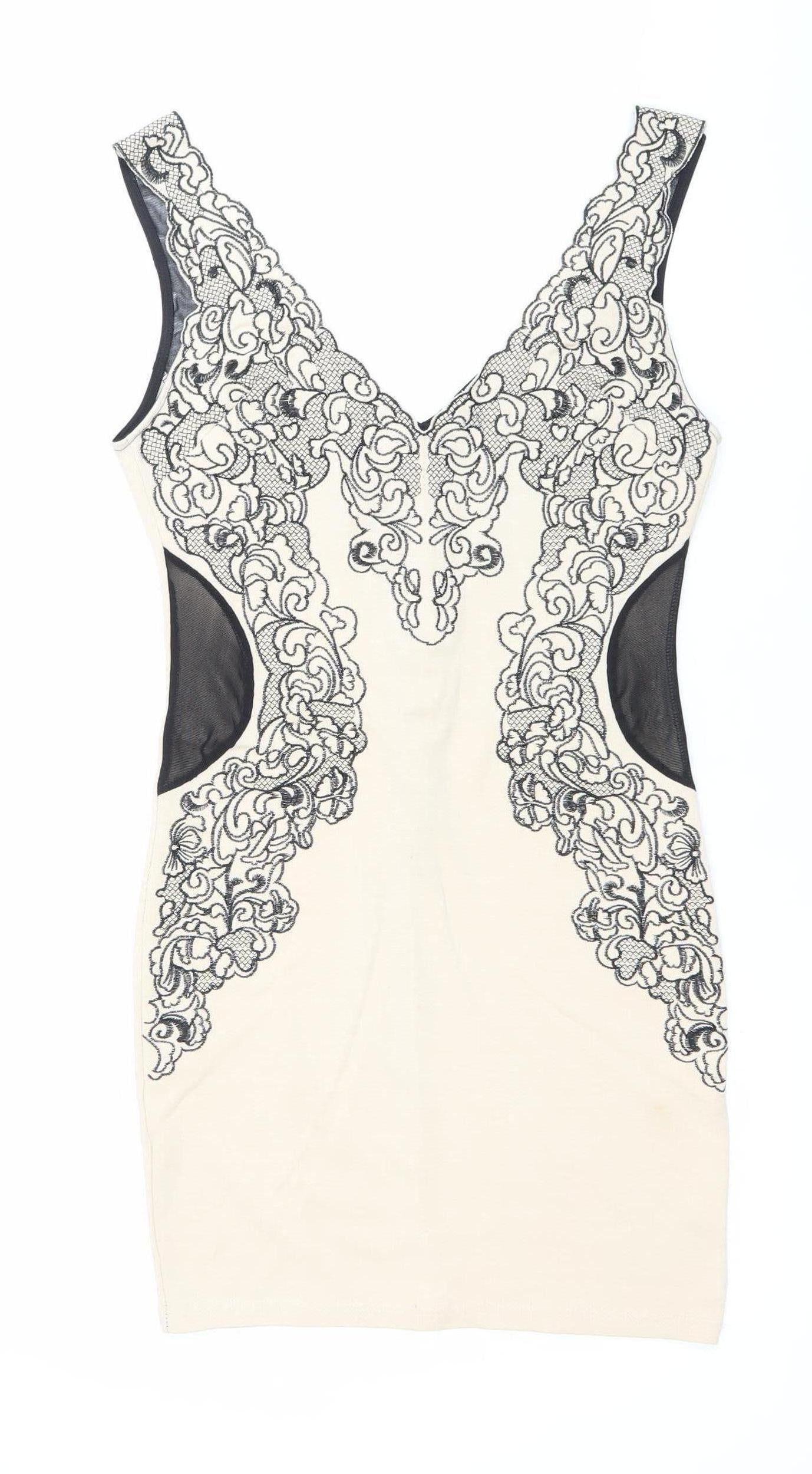 Dazlly Women’s Beige Black Lace Bodycon Knee Dress M