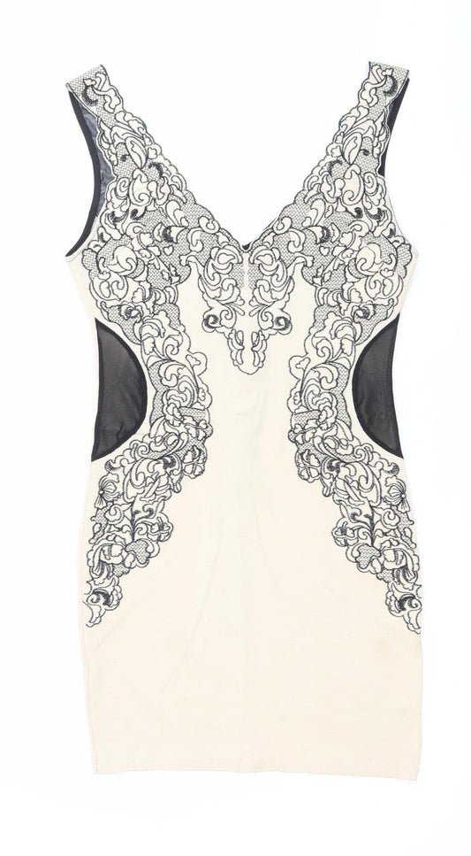 Dazlly Women’s Beige Black Lace Bodycon Knee Dress M
