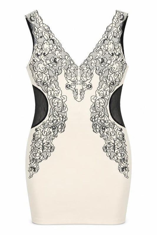 Dazlly Women’s Beige Black Lace Bodycon Knee Dress M