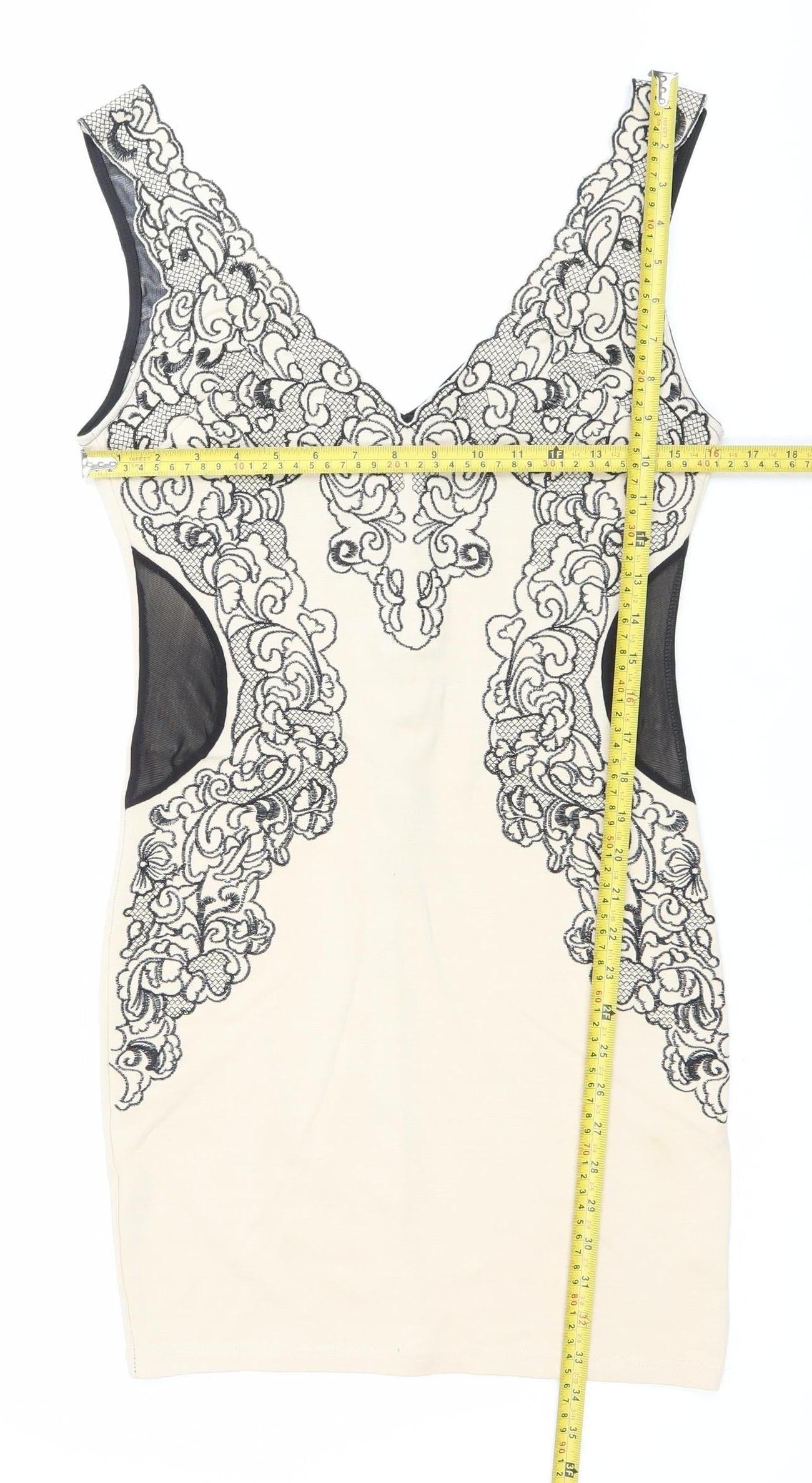 Dazlly Women’s Beige Black Lace Bodycon Knee Dress M