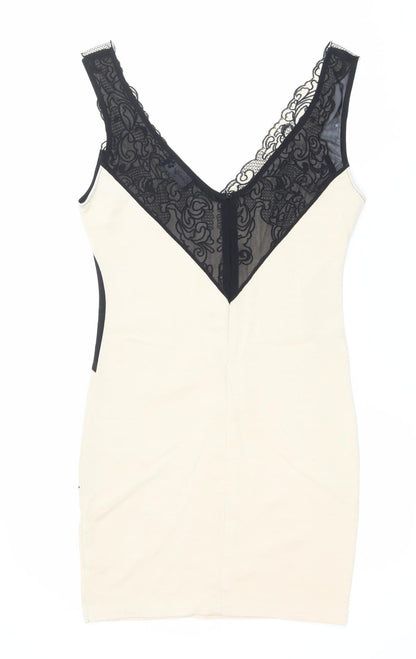 Dazlly Women’s Beige Black Lace Bodycon Knee Dress M