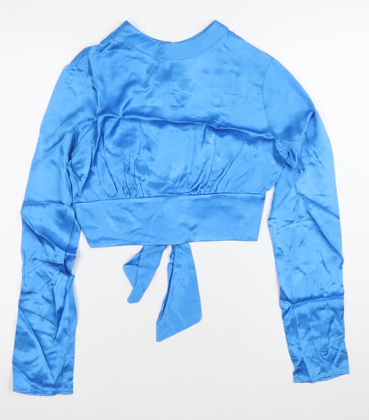 Bershka Women’s Blue Satin Cropped Blouse Top S Long Sleeve Party