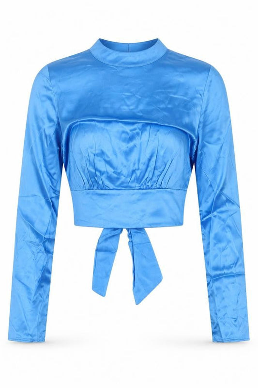 Bershka Women’s Blue Satin Cropped Blouse Top S Long Sleeve Party