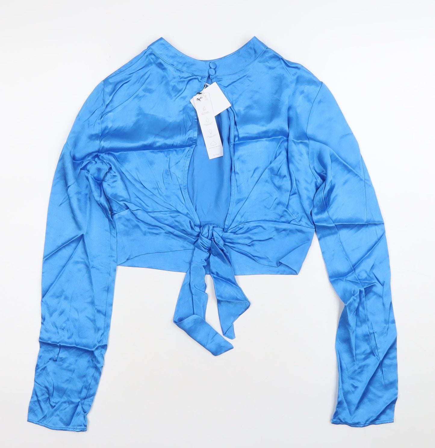 Bershka Women’s Blue Satin Cropped Blouse Top S Long Sleeve Party