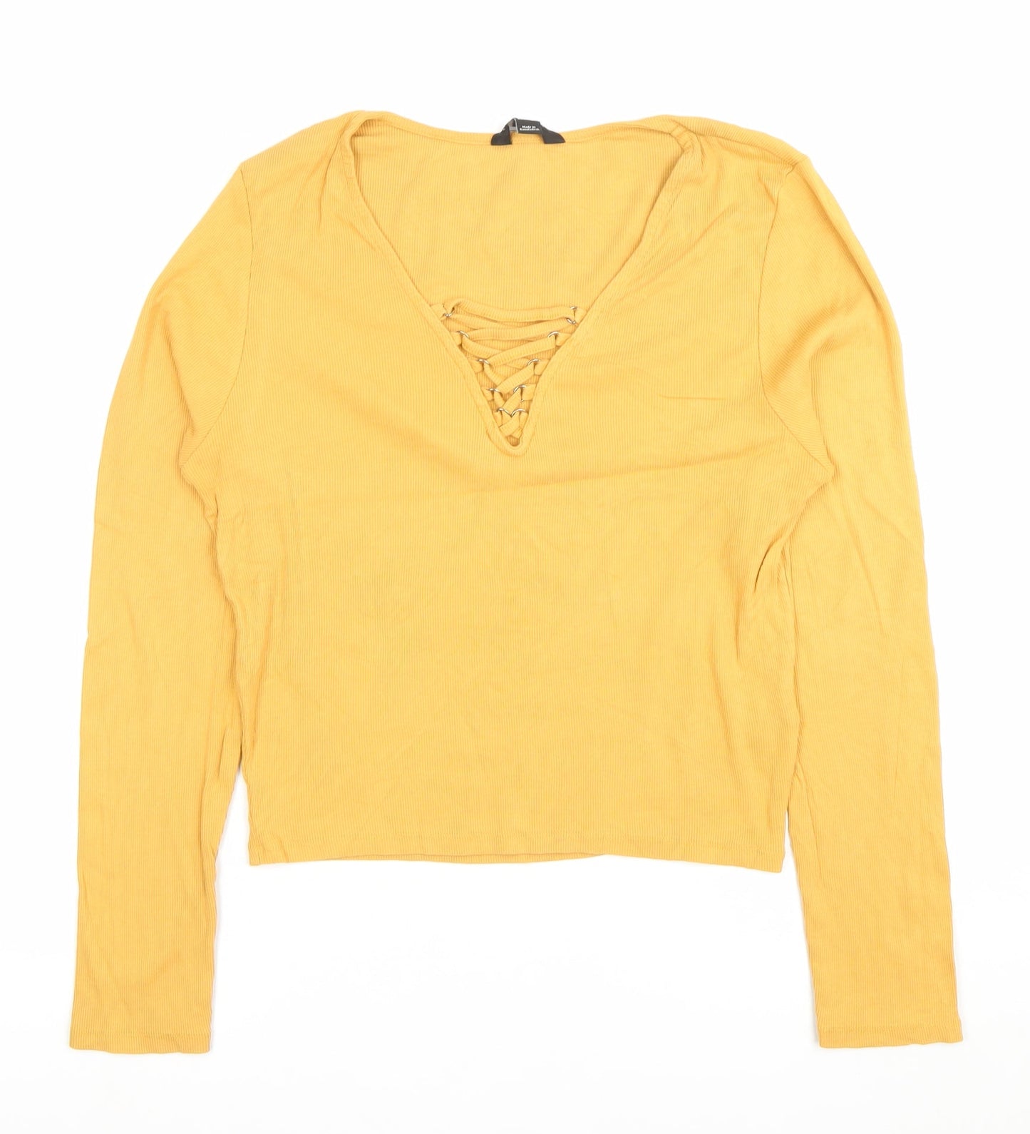 New Look Women’s Yellow Long Sleeve Cropped Lace Up V-Neck Top Size 18