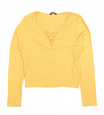 New Look Women’s Yellow Long Sleeve Cropped Lace Up V-Neck Top Size 18