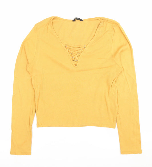 New Look Women’s Yellow Long Sleeve Cropped Lace Up V-Neck Top Size 18