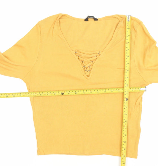 New Look Women’s Yellow Long Sleeve Cropped Lace Up V-Neck Top Size 18