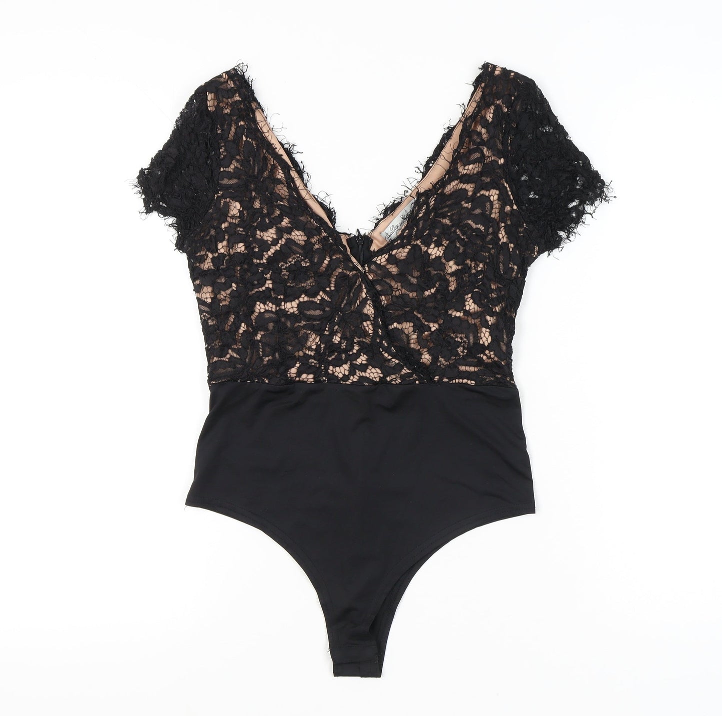 Lucy Wang Womens Black Lace V-Neck Bodysuit Size M Party Cocktail