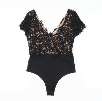 Lucy Wang Womens Black Lace V-Neck Bodysuit Size M Party Cocktail