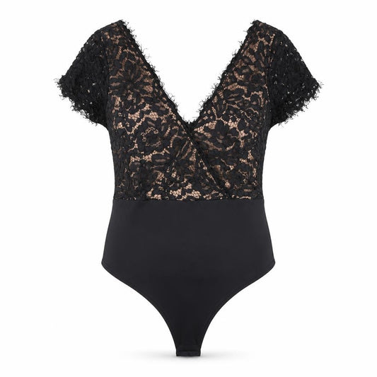 Lucy Wang Womens Black Lace V-Neck Bodysuit Size M Party Cocktail