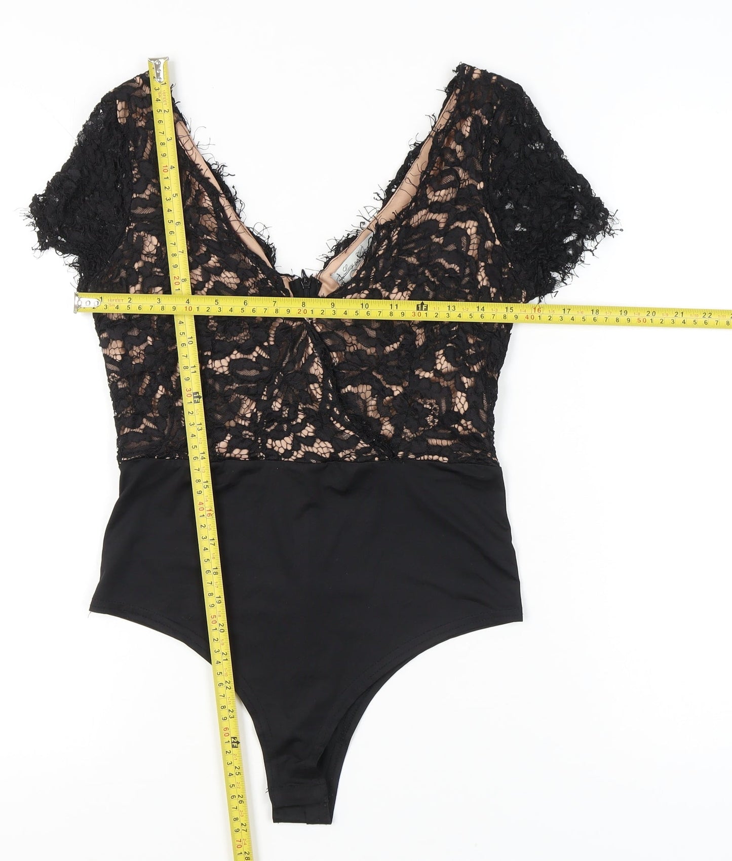 Lucy Wang Womens Black Lace V-Neck Bodysuit Size M Party Cocktail