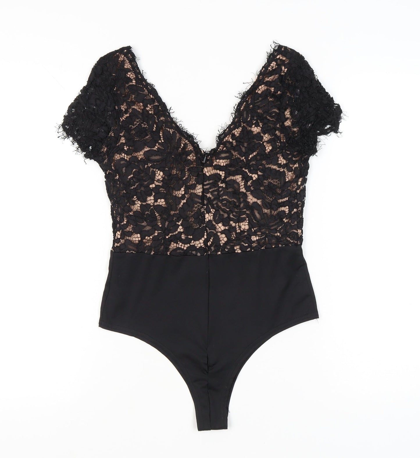 Lucy Wang Womens Black Lace V-Neck Bodysuit Size M Party Cocktail