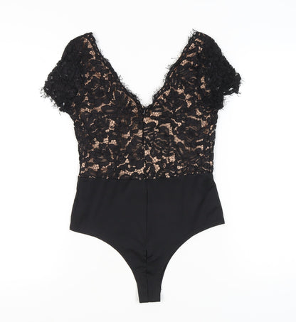 Lucy Wang Womens Black Lace V-Neck Bodysuit Size M Party Cocktail