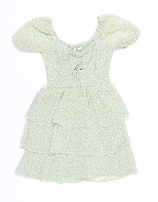 Hollister Women’s Green Floral Skater Dress XS Puff Sleeve Summer