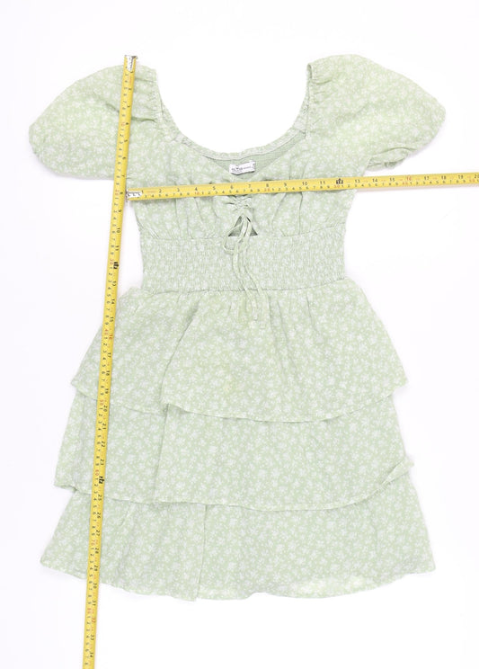 Hollister Women’s Green Floral Skater Dress XS Puff Sleeve Summer